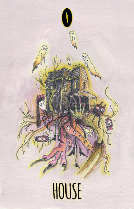 Shadowland Lenormand by Schiffer Publishing, Ltd. features a surreal haunted house with spooky ghosts, tentacles, creepy eyes, the number 4 above, and HOUSE below, evoking the eerie mystery of an uncanny Lenormand deck.