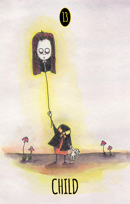 A child in a black cloak holds a pale face balloon and small stuffed animal amid flowers. Number 13 is above, "CHILD" below—an evocative Shadowland Lenormand card from Schiffer Publishing, Ltd., ideal for shadow work in cartomancy.