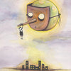 A whimsical illustration from Shadowland Lenormand by Schiffer Publishing, Ltd.: a mask-like moon with a dangling figure above a town, numbered 32 with "MOON" beneath, evoking classic Lenormand cartomancy imagery.