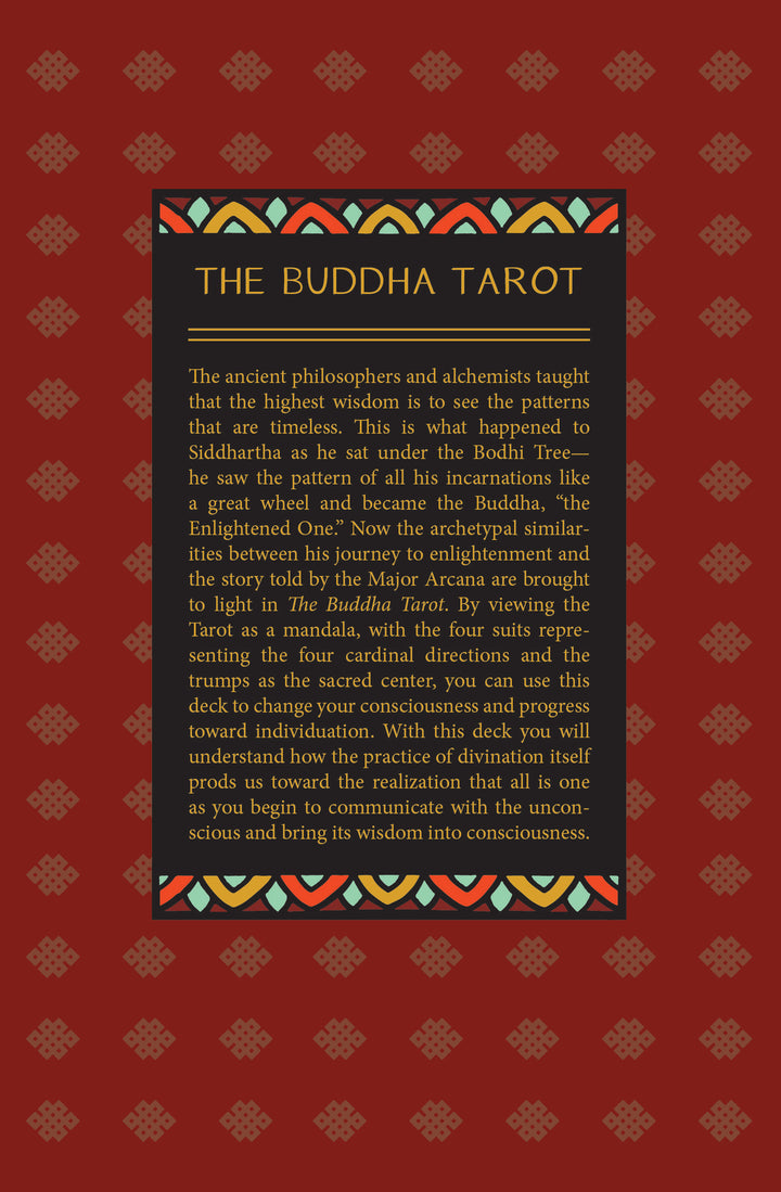 The Buddha Tarot by Schiffer Publishing, Ltd. features a red and black card that explores how the Major Arcana combines mandala imagery and Buddhist wisdom to inspire personal insight. Ornamental patterns frame the text.