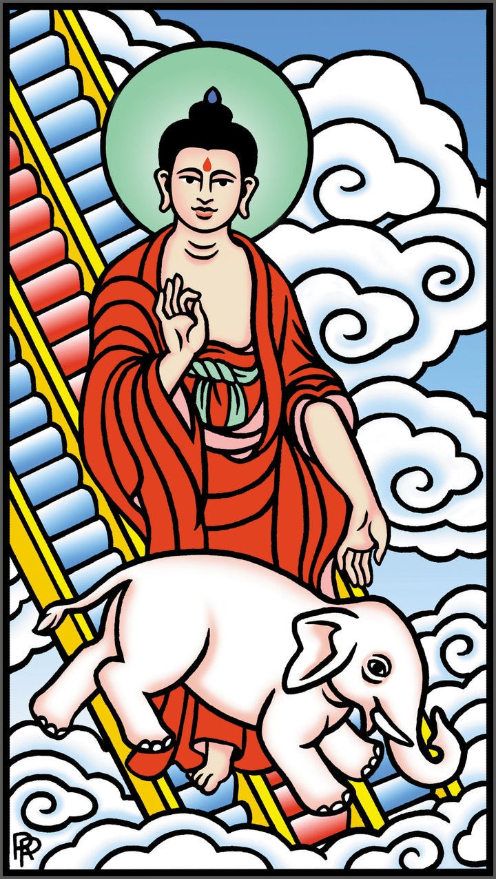 A stylized illustration inspired by The Buddha Tarot from Schiffer Publishing, Ltd. shows a serene figure in red robes with a halo and a white elephant on golden stairs, evoking the mystical Major Arcana of a Tarot deck.