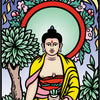 A vibrant Buddha sits cross-legged under a tree, haloed and holding an object, with sun, clouds, and lotus flowers—an image inspired by The Buddha Tarot by Schiffer Publishing, Ltd.