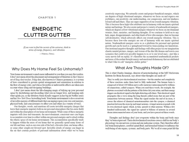 An open book from Clarity Tarot by Schiffer Publishing, Ltd. displays Chapter 1: Energetic Clutter Gutter. The left page explains why a home may feel unhomely; the right delves into thoughts, both inspired by Clarity Tarot insights and clear headings throughout.