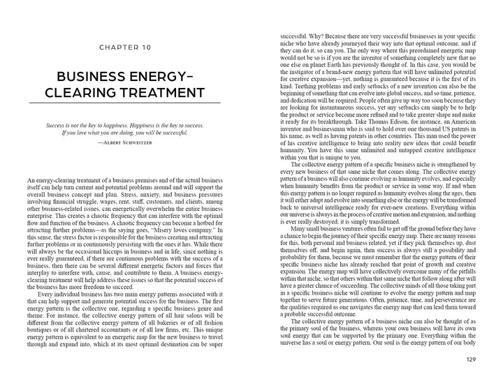 A book spread shows Chapter 10, "Business Energy-Clearing Treatment," featuring an Albert Schweitzer quote and detailed text on business energy clearing, referencing Clarity Tarot by Schiffer Publishing, Ltd.