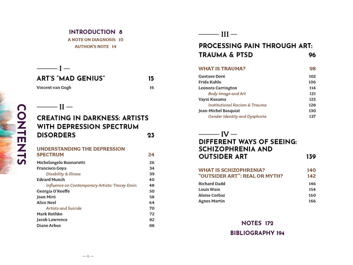 The Artist’s Mind by Schiffer Publishing, Ltd. features a clear two-column table of contents covering Mad Genius, creativity, trauma, PTSD, depression, schizophrenia, outsider art, and mental wellness topics with vertical text on the left.