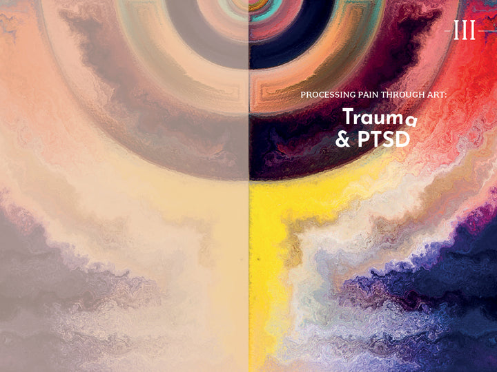 Abstract digital artwork with swirling pastel and dark hues split vertically. Text reads: The Artist's Mind, Schiffer Publishing, Ltd., in the top right—highlighting creativity and art therapy’s role in processing trauma and PTSD.