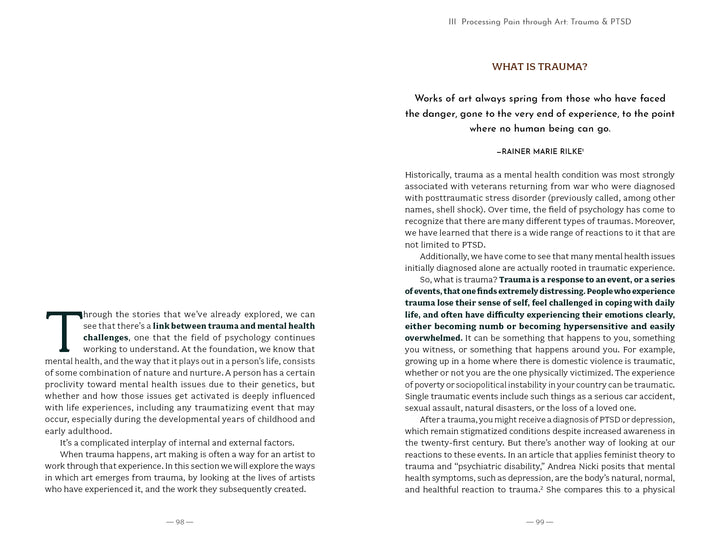 An open book, The Artist’s Mind by Schiffer Publishing, Ltd., shows a left page starting with a large green T on artists and mental wellness; the right page, titled WHAT IS TRAUMA?, includes a Rainer Maria Rilke quote and text on trauma and mental health.