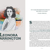 On the left, "The Artist's Mind" by Schiffer Publishing, Ltd. features a black-and-white portrait of Leonora Carrington on a watercolor background; on the right is an article about her creativity with a quote and her life dates.