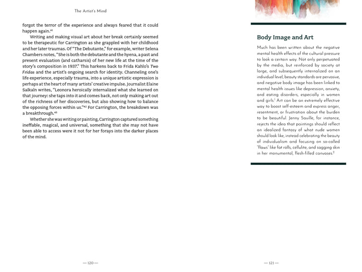 A two-page spread from Schiffer Publishing, Ltd.’s "The Artist’s Mind": the left highlights Leonora Carrington’s art, while the right features a pastel piece and “Body Image and Art”—showing creativity's role in mental wellness on a light background.