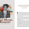A book spread from The Artist's Mind by Schiffer Publishing, Ltd. shows a watercolor portrait of Jean-Michel Basquiat with his name and dates on the left, and a creativity quote plus text on his enigmatic life on the right.