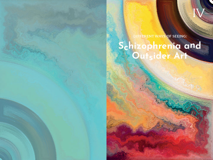 Abstract digital art with swirling colors features cool blues and grays on the left, yellow, white, and red on the right. “The Artist's Mind” by Schiffer Publishing, Ltd. celebrates creativity and mental wellness.