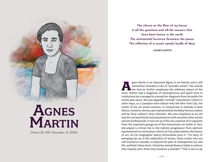 A two-page spread in "The Artist’s Mind" by Schiffer Publishing, Ltd. presents a watercolor portrait of Agnes Martin, with biographical text, a quote, and highlights of her creative life, artistic career, and enduring influence.
