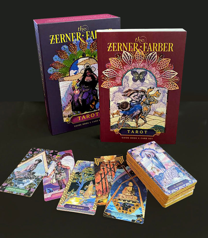 A photo of The Zerner/Farber Tarot by Schiffer Publishing, Ltd. shows the guidebook, decorative box, and several vibrant cards spread out on a black surface—an ideal set for anyone learning tarot.