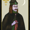 A mystical tarot card from The Doors of Somlipith by Schiffer Publishing, Ltd. shows Dracula with pale skin, a pointed hat, and a dark cloak beneath a crescent moon. Gold spade and the number 9 appear, with DRACULA for esoteric card readings.