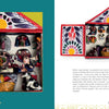 On the left page of "The Retablos of Jeronimo Lozano" by Schiffer Publishing, Ltd., a vibrant handcrafted Peruvian retablo with skeleton and human figurines inside a decorated box appears next to text on the right page.