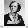 Black-and-white portrait of a woman with short dark hair in a two-tone suit jacket and brooch. Below, typewritten text identifies her as Rachel Carson—featured in Heroines of Horticulture by Schiffer Publishing, Ltd.
