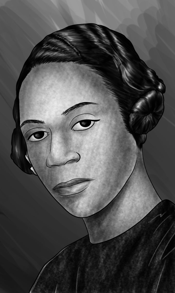 A grayscale digital illustration from "Heroines of Horticulture" by Schiffer Publishing, Ltd. depicts a poised woman with sleek, side-parted hair and a calm expression, honoring influential North American women in horticulture. Softly shaded background.