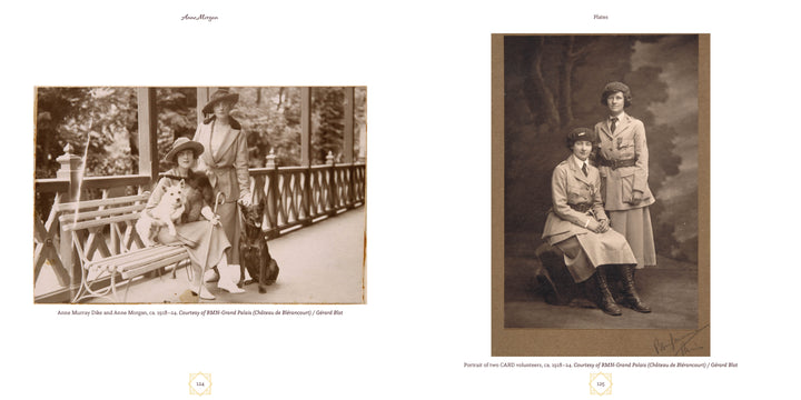 Sepia-toned vintage photo from "Anne Morgan" by Schiffer Publishing, Ltd.: two women in military-style uniforms—one seated with a dog, one standing; both evoke a spirit of philanthropy and service.