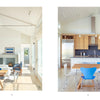 Split view of stylish living and dining spaces with white walls, wooden tables, blue and white chairs, large windows, fireplace, and pendant lights—Second Home by Schiffer Publishing, Ltd. showcases a sanctuary for rejuvenation.