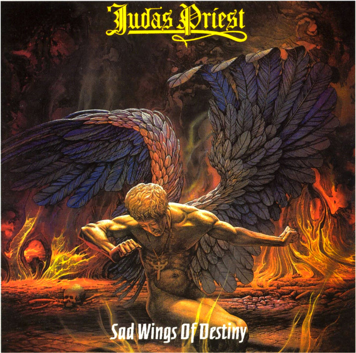 A fallen angel with vibrant wings kneels in flames, head bowed, fists clenched. "The Art of Metal" by Schiffer Publishing, Ltd. is displayed above and below, reflecting iconic heavy metal album art style.