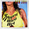 A close-up of a woman in a wet, ripped yellow tank top reads Slippery When Wet. The Art of Metal by Schiffer Publishing, Ltd. appears in red and black at the top right, capturing the bold energy of classic heavy metal artwork.