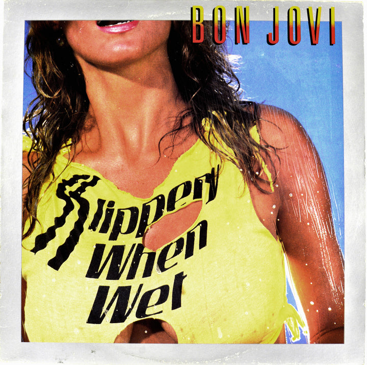 A close-up of a woman in a wet, ripped yellow tank top reads Slippery When Wet. The Art of Metal by Schiffer Publishing, Ltd. appears in red and black at the top right, capturing the bold energy of classic heavy metal artwork.