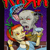 A vibrant poster inspired by The Art of Metal from Schiffer Publishing, Ltd. shows a zombie biting a cup-holding woman and a monster above, with bold event details—capturing the essence of heavy metal album cover art.