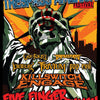 Poster for "The Art of Metal" by Schiffer Publishing, Ltd. features metal poster art of a stylized Statue of Liberty with a skull face, listing bands like Five Finger Death Punch, Killswitch Engage, Trivium, and more.