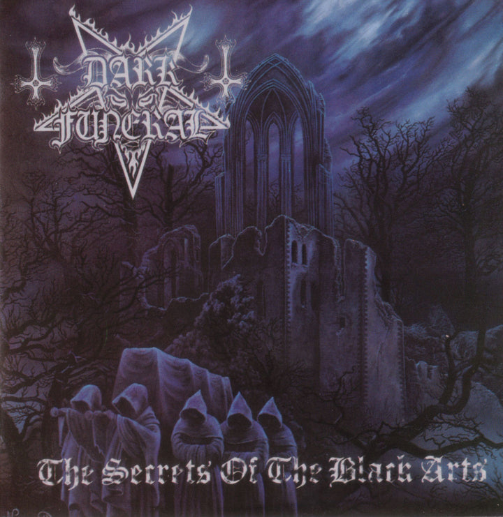 Album cover art featured in The Art of Metal by Schiffer Publishing, Ltd.: hooded figures approach gothic ruins at night amid twisted trees, with classic stylized heavy metal fonts displaying the band logo and album title.