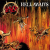 The Art of Metal by Schiffer Publishing, Ltd. showcases album covers like Slayer’s Hell Awaits—demonic figures dragging souls into fiery landscapes in red, orange, and yellow, with the band's logo—classic heavy metal artwork.