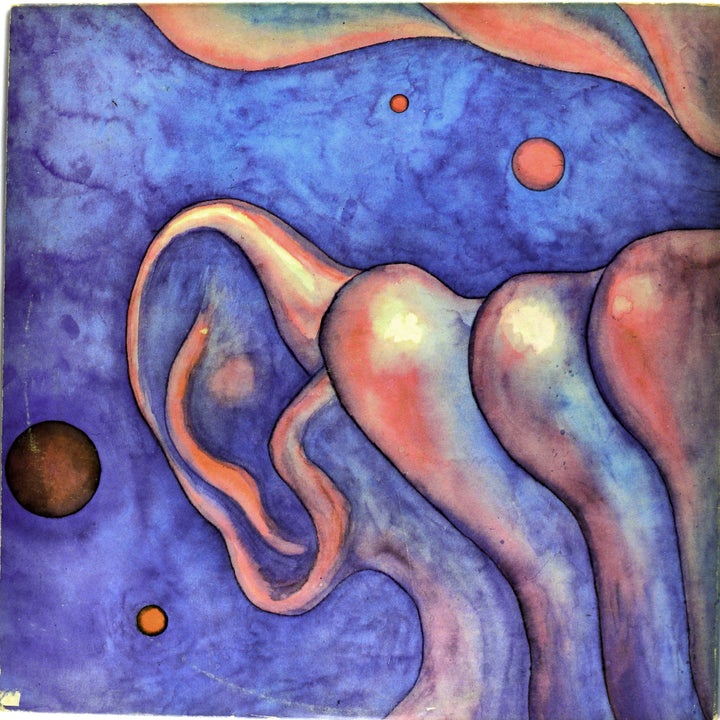 The Art of Metal" by Schiffer Publishing, Ltd. showcases a striking abstract painting—featuring a large ear blended into wavy blue and purple shapes, accented with pink and orange—ideal as bold metal poster art with surreal floating spheres.