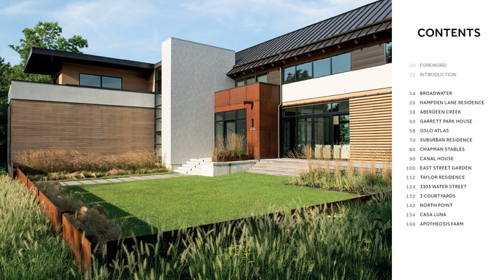 A modern house with large windows, wood and metal accents, and minimalist landscaping inspired by Chesapeake gardens is shown alongside a contents list from "Private Gardens of the Potomac and Chesapeake" by Schiffer Publishing, Ltd.