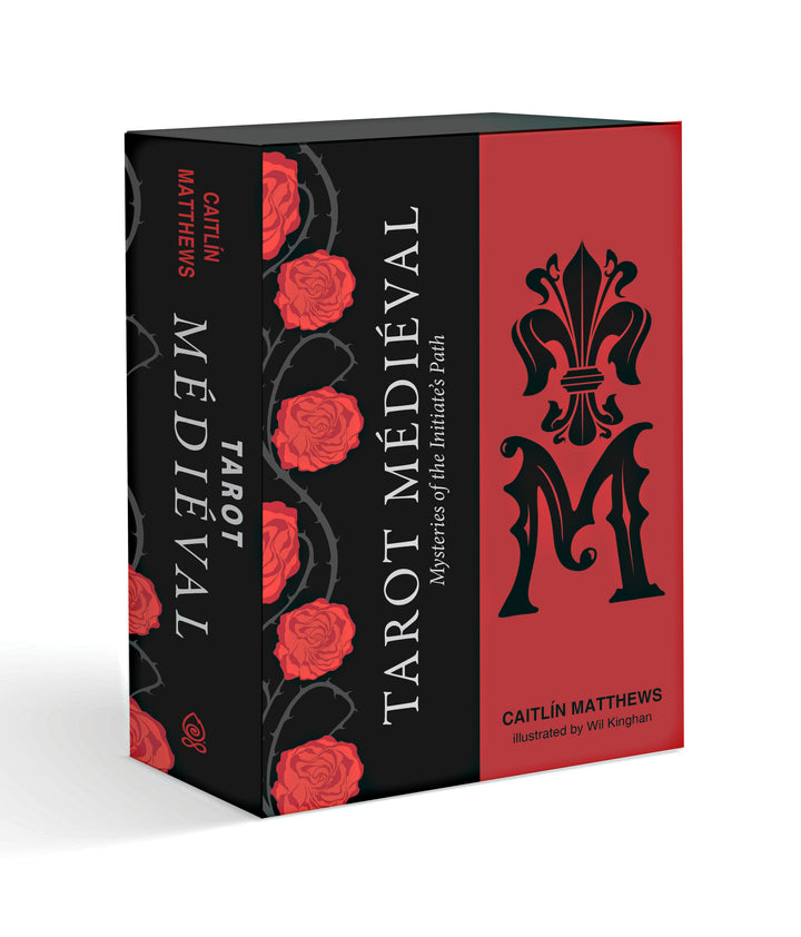 Tarot Médiéval by Schiffer Publishing, Ltd. is a box set featuring a medieval tarot deck with art by Wil Kinghan and guided by Caitlín Matthews. The red and black box shows roses, an ornate "M," and decorative symbols.
