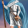 A young person in white and blue stands outdoors with a staff and scroll, channeling the mystical aura of the Tarot Médiéval deck by Schiffer Publishing, Ltd., beneath a gradient blue-pink sky.