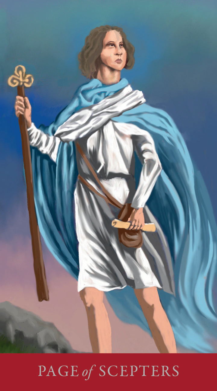 A young person in white and blue stands outdoors with a staff and scroll, channeling the mystical aura of the Tarot Médiéval deck by Schiffer Publishing, Ltd., beneath a gradient blue-pink sky.
