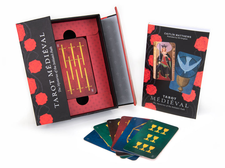 The Tarot Médiéval by Schiffer Publishing, Ltd. features a medieval-themed tarot deck in a rose-designed box, several cards displayed, and an illustrated guidebook by Caitlín Matthews.
