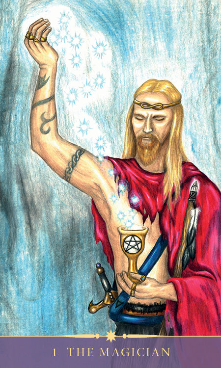 A blond, bearded man in red robes with a golden pentacle cup and tattooed arm summons magical sparks in the Steele Wizard Tarot by Schiffer Publishing, Ltd. The Magician stands confidently with sword and wand at his belt.