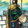A man in medieval attire holds a globe between two wands on a stone balcony overlooking water and distant mountains beneath a yellow sky. One wand is entwined with roses. The Steele Wizard Tarot by Schiffer Publishing, Ltd. features the Two of Wands card.