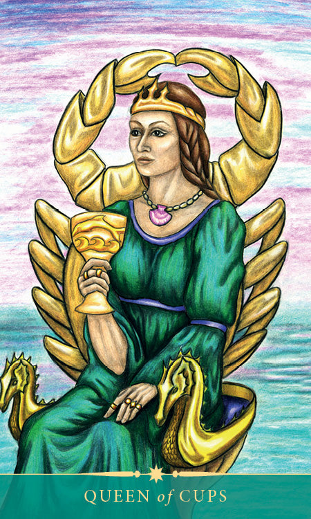A woman in a green dress and crown sits on a seahorse-adorned throne by the sea, holding a golden cup under a purple sky. “Queen of Cups” appears below. Card art from Steele Wizard Tarot by Schiffer Publishing, Ltd.