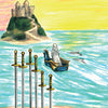 A figure in a boat rows toward a distant castle at sunset, leaving six swords upright in the sand. The vibrant sky reflects the mystical style of the Steele Wizard Tarot by Schiffer Publishing, Ltd., part of an 88-card tradition.