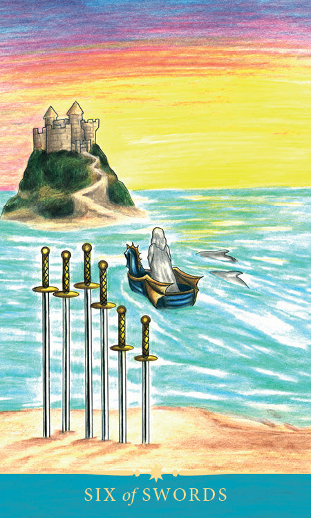 A figure in a boat rows toward a distant castle at sunset, leaving six swords upright in the sand. The vibrant sky reflects the mystical style of the Steele Wizard Tarot by Schiffer Publishing, Ltd., part of an 88-card tradition.