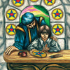 A person teaches a child to carve a pentacle at a wooden workbench, with six pentacles on a stone wall and two on the table. The Steele Wizard Tarot card by Schiffer Publishing, Ltd. shows Eight of Pentacles at the bottom.