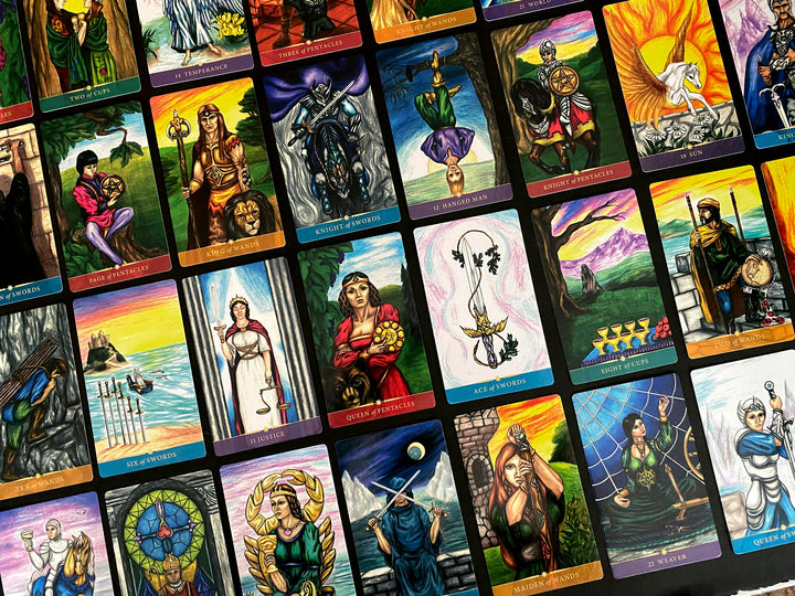 A vibrant display of the Steele Wizard Tarot by Schiffer Publishing, Ltd., showcasing detailed illustrations and symbolic artwork across a range of tarot archetypes, suits, and characters.