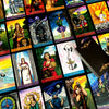 Steele Wizard Tarot by Schiffer Publishing, Ltd. features vibrant, mystical illustrations on all 88 unique cards. Laid out in rows, each card displays colorful scenes and symbols, with some partially covered by a stacked deck.