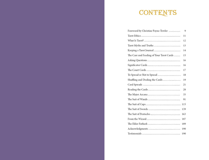 A contents page for the Steele Wizard Tarot by Schiffer Publishing, Ltd., with a purple left and white right side, lists sections like Foreword and Tarot Ethics—all referencing its unique 88-card system, with matching page numbers.