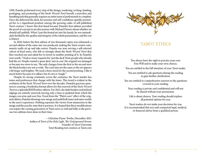 A two-page book spread: The left page has text about self-publishing tarot decks, featuring Schiffer Publishing’s Steele Wizard Tarot. The right page, titled TAROT ETHICS, lists client rights with a decorative gold design above the title.