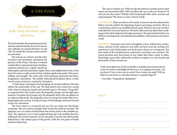 An open book displays The Fool from the Steele Wizard Tarot by Schiffer Publishing, Ltd., showing a person with a knapsack near a cliff. The pages explore the card’s meaning, guidance for self-empowerment, and reversed interpretation.