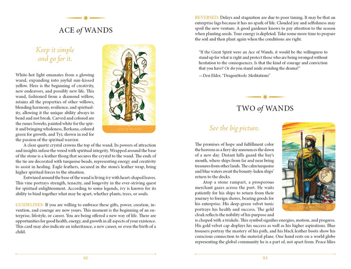 An open book from the Steele Wizard Tarot by Schiffer Publishing, Ltd. reveals the Ace and Two of Wands, featuring vivid illustrations of a hand grasping a wand and a figure gazing over a landscape, alongside detailed card meanings.