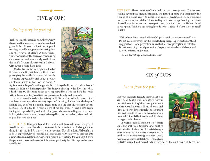 An open book from Steele Wizard Tarot by Schiffer Publishing, Ltd. shows the Five of Cups with a cloaked figure near spilled cups on the left and the Six of Cups with two children and flowers on the right, plus text explaining each card’s meaning.