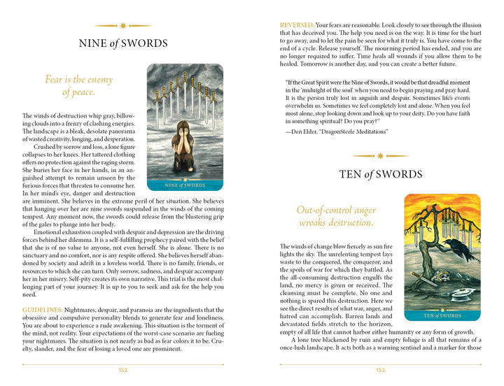 A two-page spread from the Steele Wizard Tarot by Schiffer Publishing, Ltd. features the Nine and Ten of Swords cards, with images, keywords, interpretations (upright and reversed), guidance, and quotes on cream pages with blue and yellow accents.